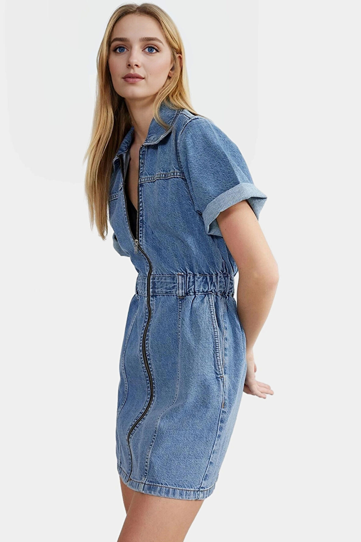 Mini Denim Elbise Fermuar Detaylı Standart Kol Basic Koleksiyon Konforlu Kesim Mükemmel Uyum