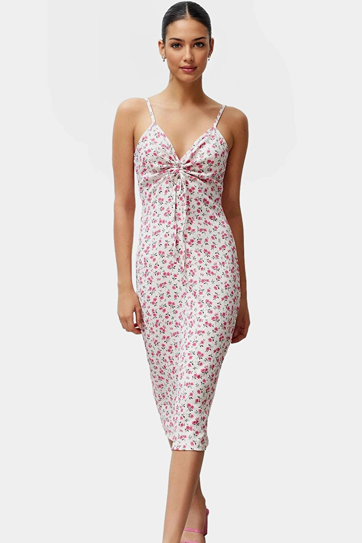 Midi A Line Çiçekli Örme Elbise İnce Askılı V Yaka Günlük Tarz Kullanım İçin Trend Tasarım