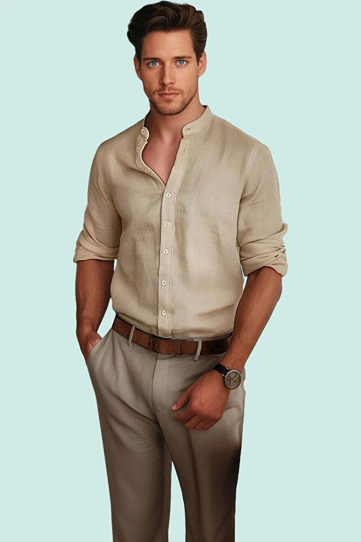 Erkek Slim Fit Hakim Yaka Keten Görünümlü Gömlek Basic Siluet Günlük Kullanım Modern Tasarım