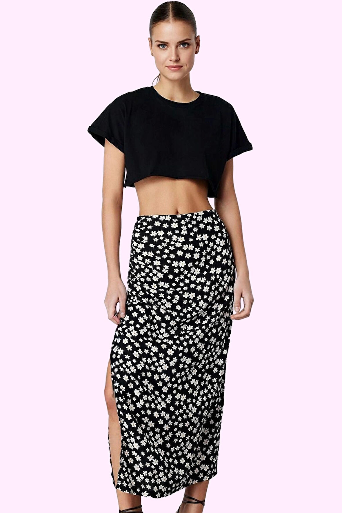 Kadın Midi Boy A line Papatya Desenli Etek Viskoz Yazlık Günlük Yaz Aylarının Vazgeçilmezi