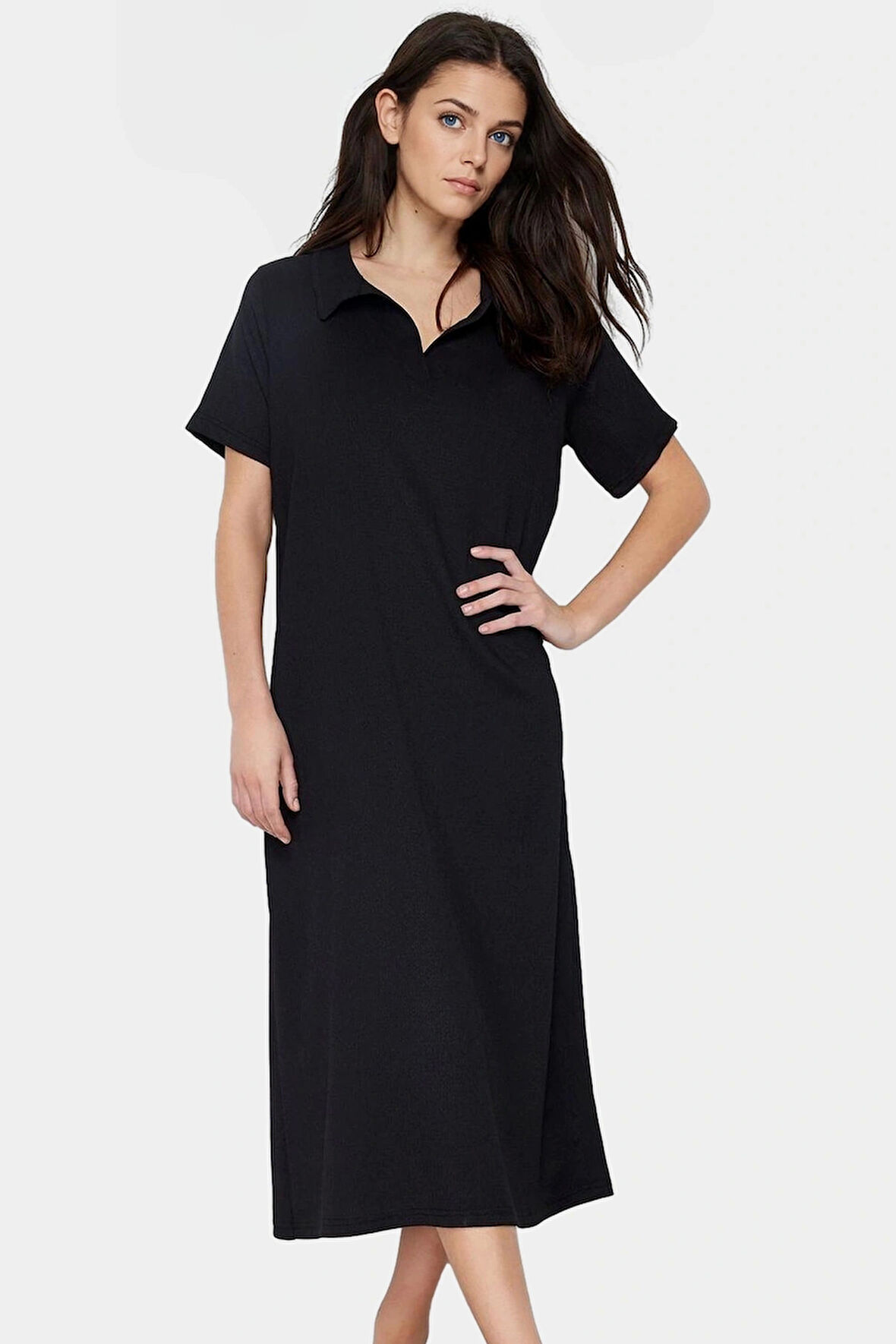 Kadın Örme Kısa Kollu Polo Yaka Midi Elbise Rahat Yazlık Günlük Stil Dayanıklı Malzeme