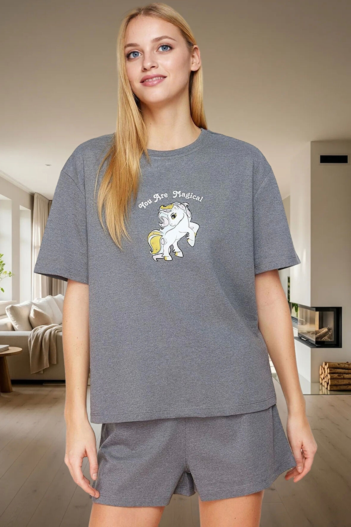 Kadın Melanj Baskılı Pijama Takımı Regular Kalıp Kısa Kollu Yazlık Günlük Kullanım İçin Yüksek Kalite