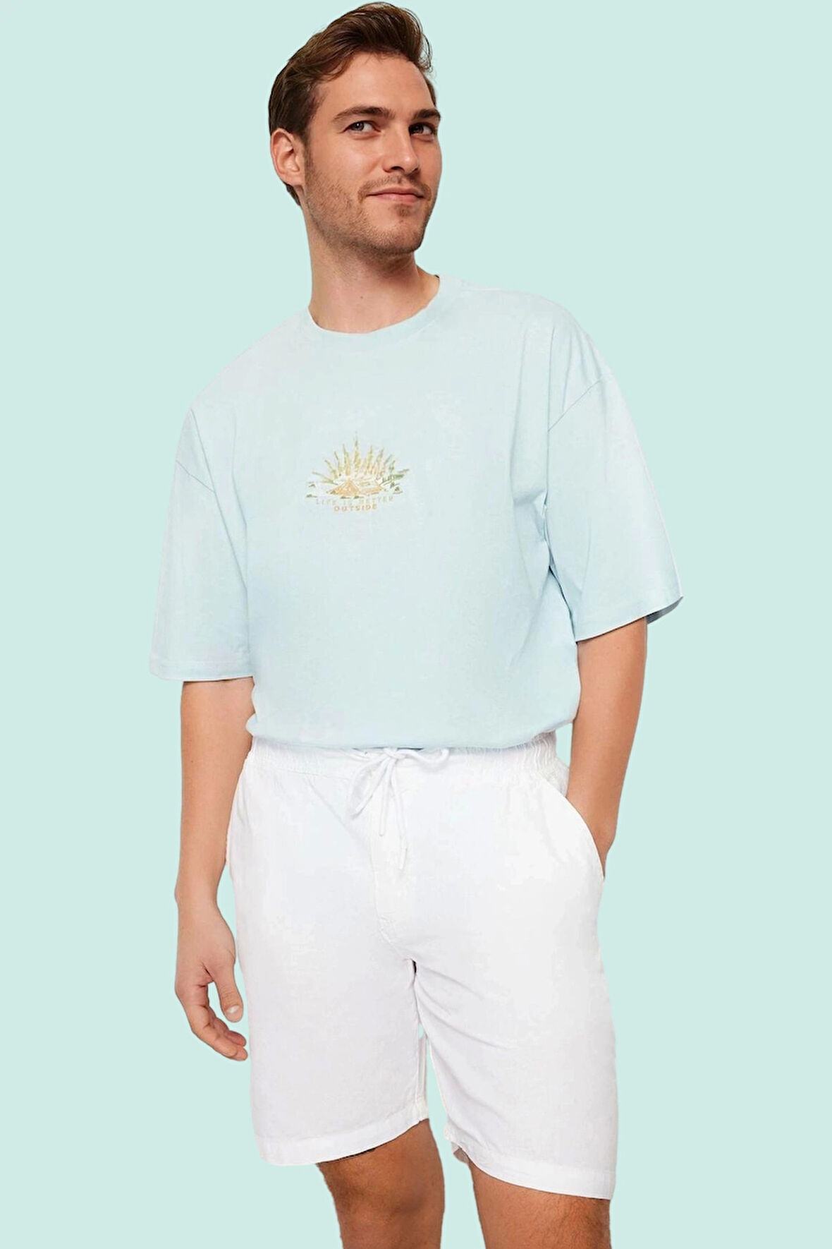 Erkek Pamuklu Bağcıklı Şort Rahat Kalıp Keten Görünümlü Yaz Aylarının Vazgeçilmezi Günlük Kullanım