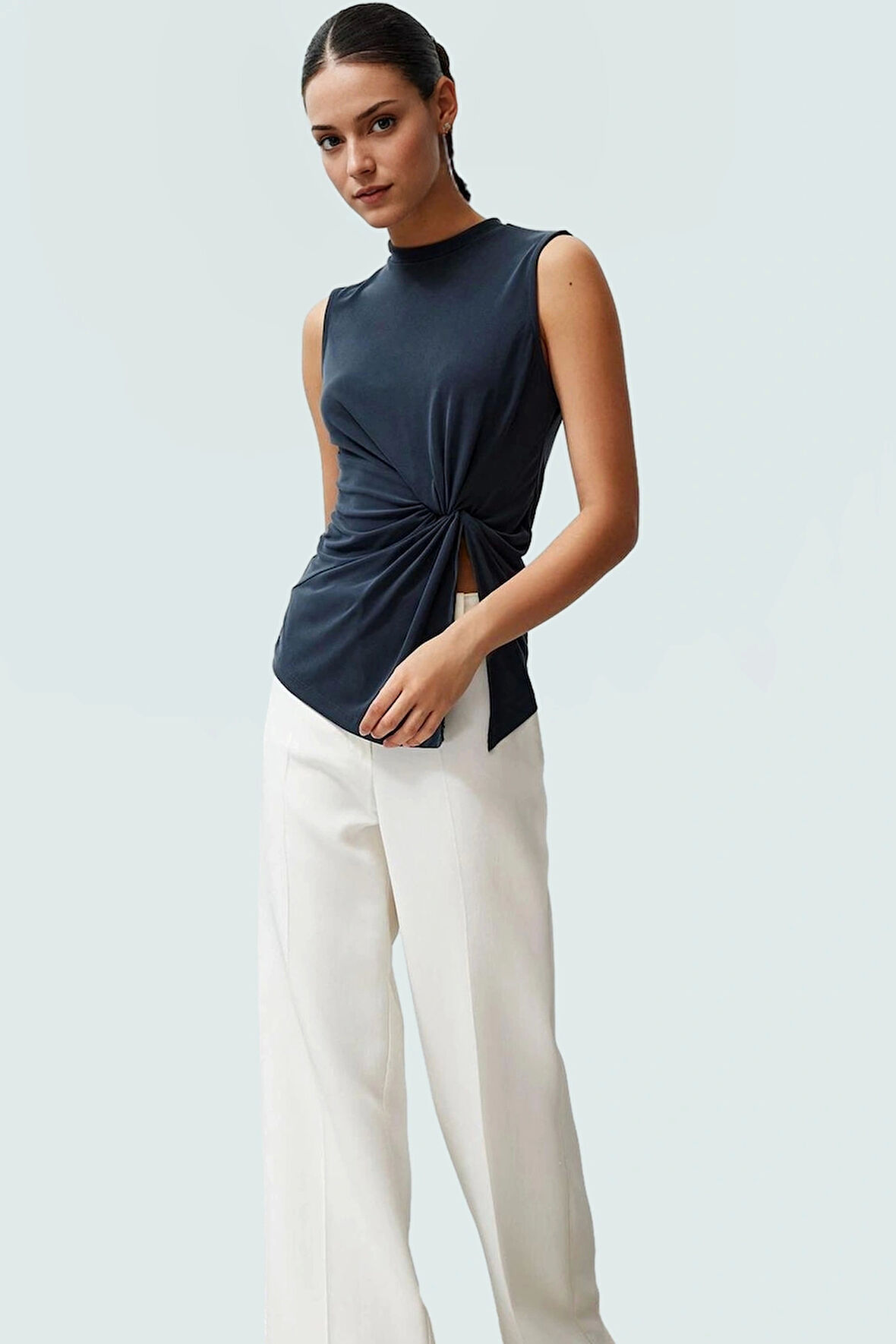 Kadın Asimetrik Kolsuz Örme Bluz Modal Polyester Günlük Şık Özenle Seçilmiş Kaliteli İşçilik