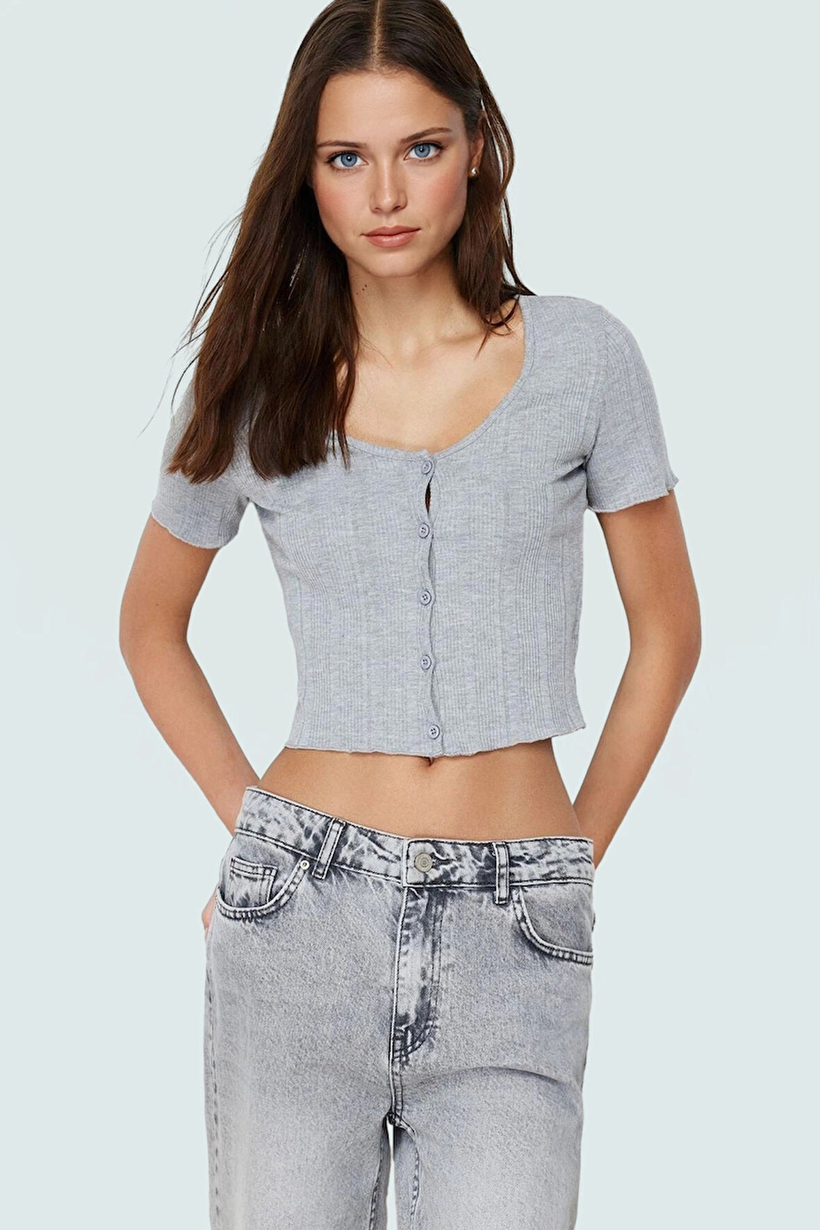 Crop Havuz Yaka Kısa Kollu Örme Bluz Rahat Yazlık Günlük Kullanım İçin Özenle Seçilmiş