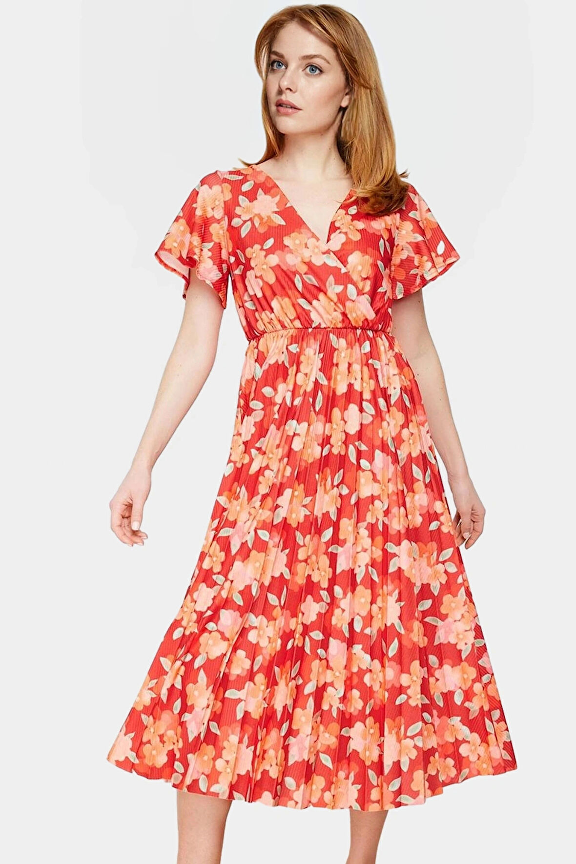 Çiçekli Desenli Midi Boy Piliseli Elbise 95% Polyester Rahat Günlük Stil Yüksek Kalite