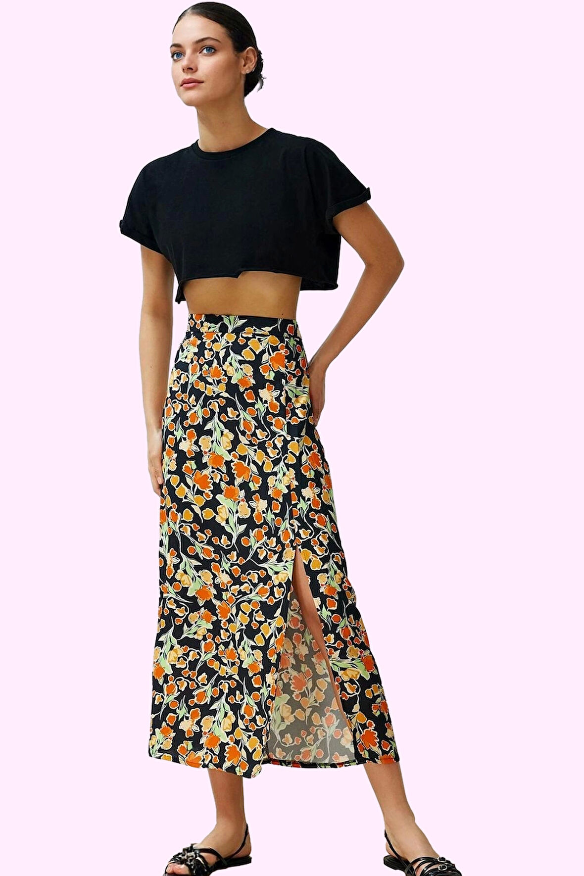 Kadın Midi Boy Çok Çiçek Desenli A line Etek Viskoz Yazlık Günlük Yaz Aylarının Vazgeçilmezi