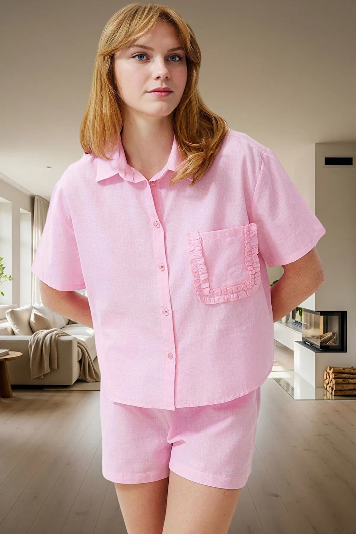 Kadın Pamuklu Fırfırlı Detaylı Pijama Takımı Rahat Yazlık Ev Giyim Seti Günlük Kullanım İçin