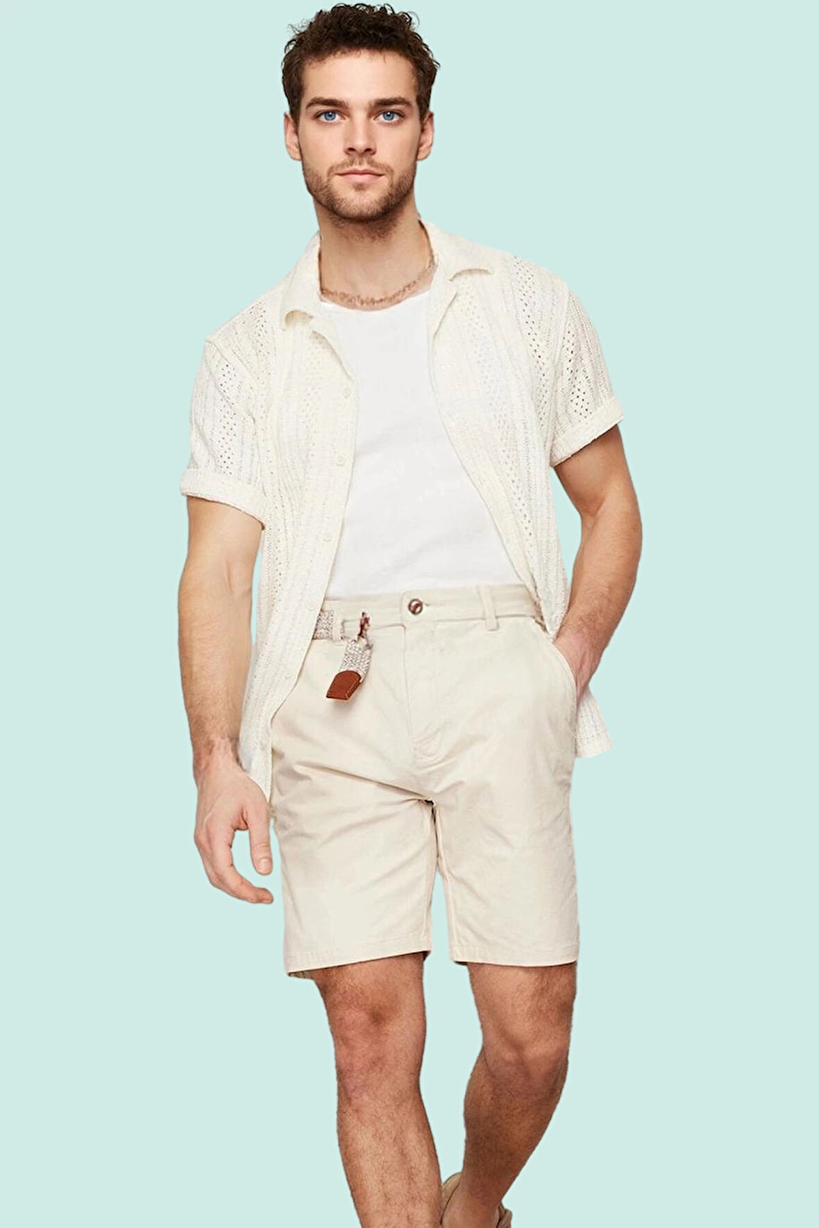 Erkek Regular Fit Apaş Yaka Triko Görünümlü Kısa Kollu Gömlek Rahat Günlük Kombinler Hafta Sonu