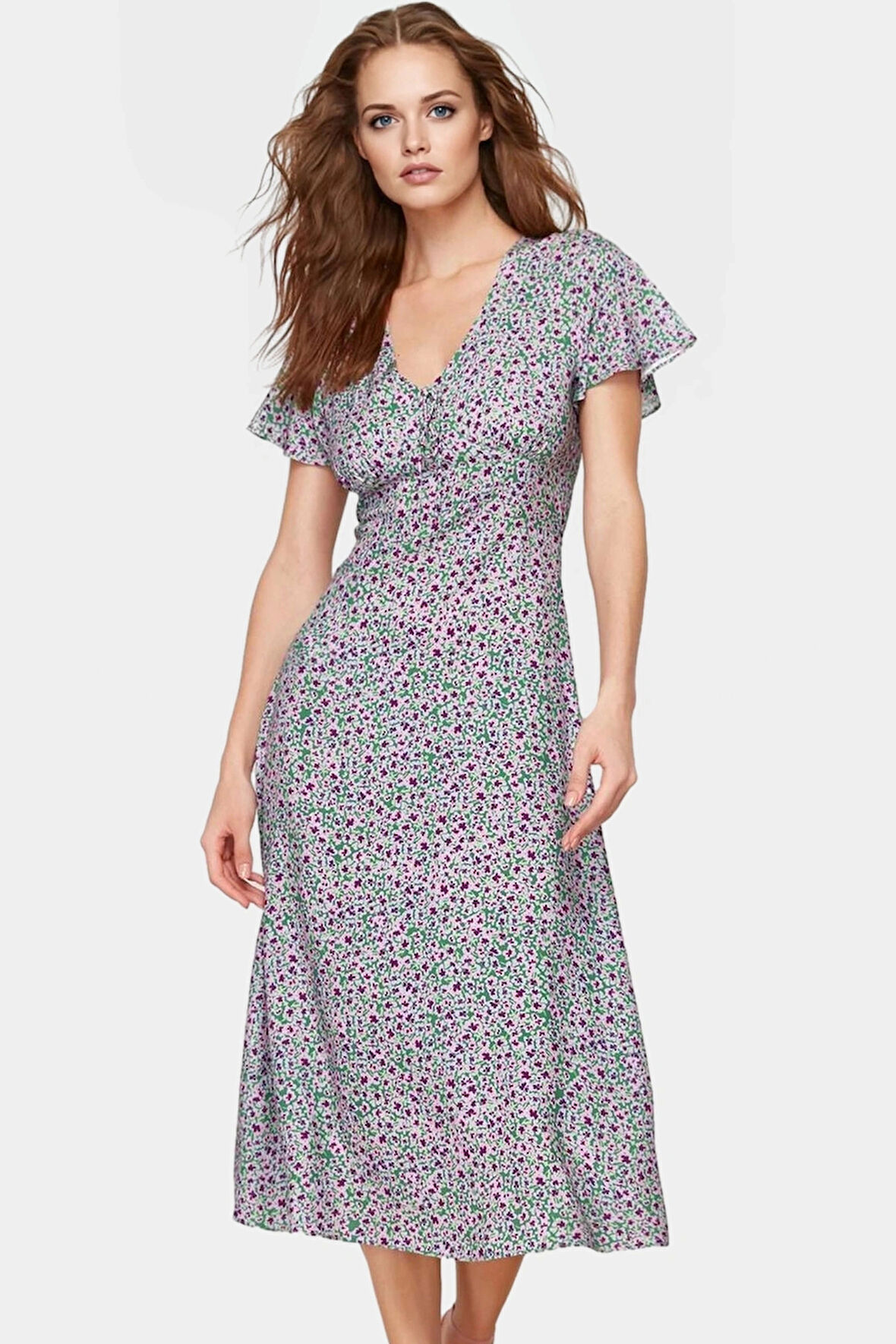 Yazlık Çiçek Desenli A Kesim Midi Elbise V Yaka Viskoz Kumaş Rahat Günlük Mükemmel Uyum Şık Görünüm