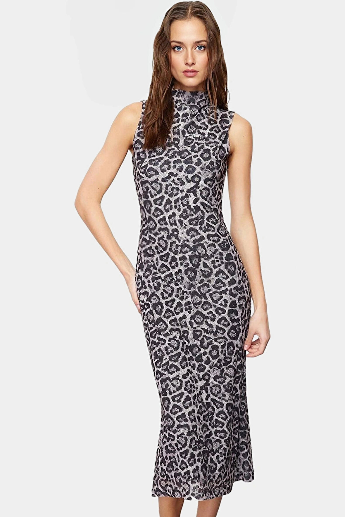 Leopar Desenli Midi Kalem Elbise Polyester Örme Kumaş Bodycon Kalıp Yazlık Dayanıklı Malzeme