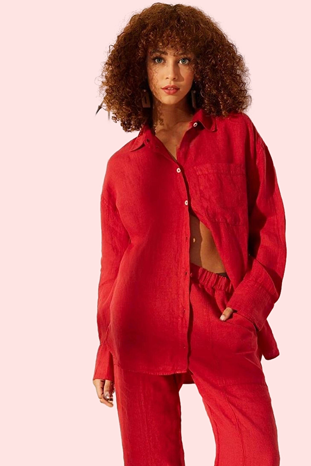 Kadın Oversize Keten Gömlek Düz Desen Günlük Kullanım Yazlık Hafta Sonu Yaz Aylarının Vazgeçilmezi