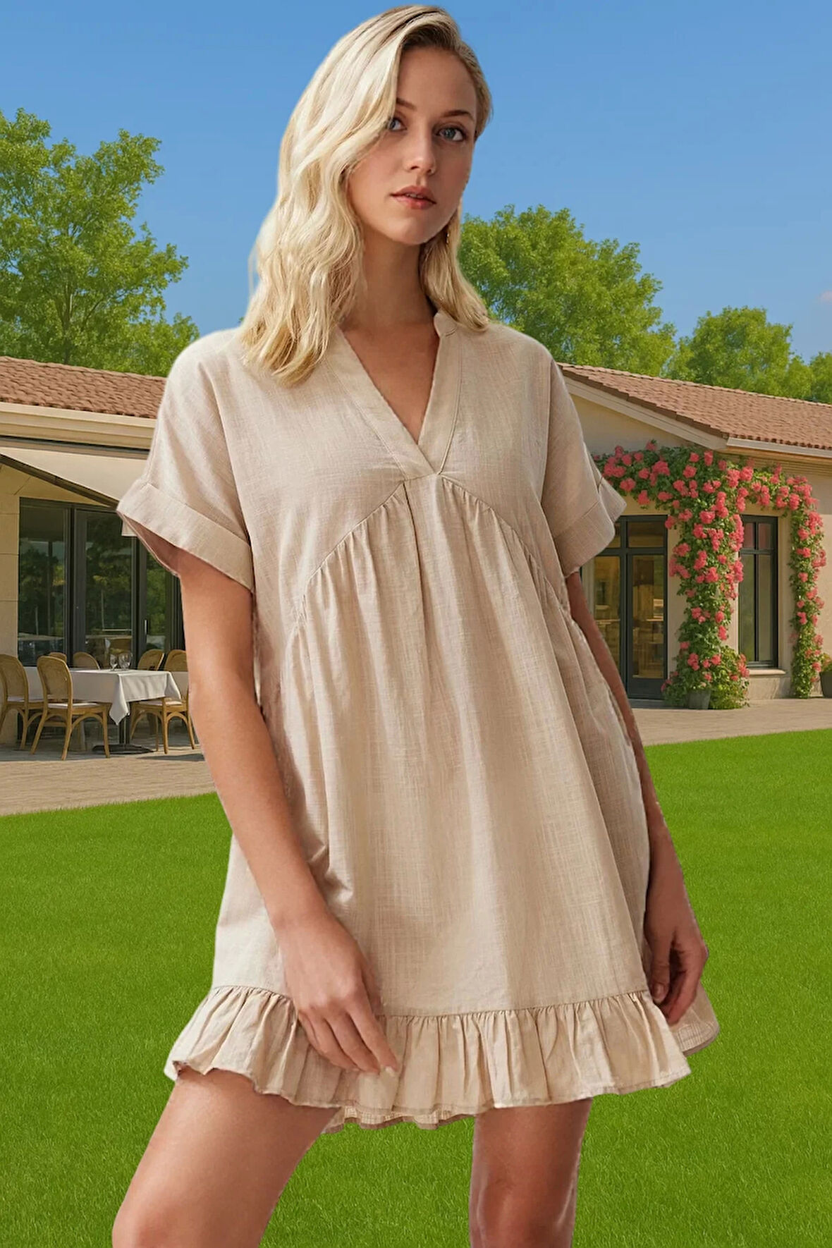 Yazlık Mini Pamuklu Plaj Elbisesi Geniş Kalıp V Yaka Kaliteli İşçilik Uzun Ömürlü Kaliteli İşçilik