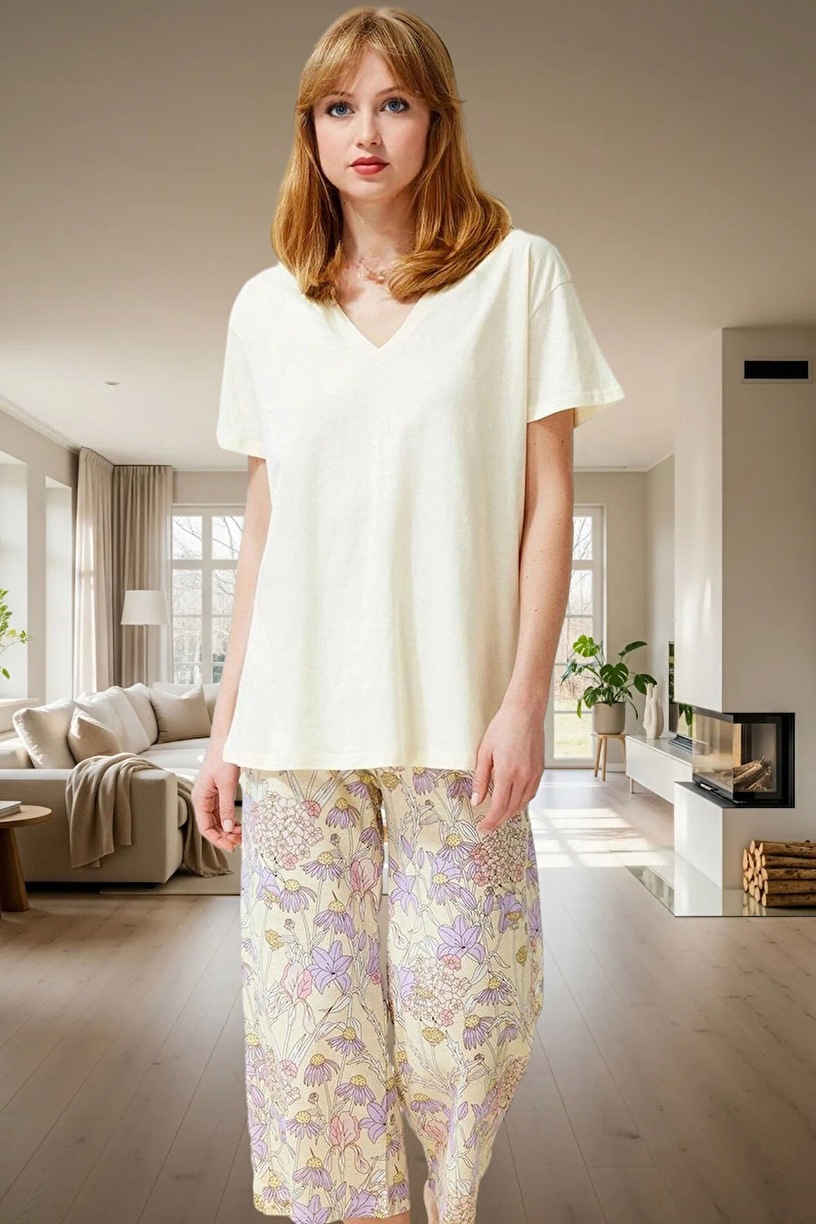 Kadın Çiçekli Kapri Pijama Takımı Rahat Örme Kumaş Kaliteli İşçilik Özel Tasarım Ve Şık