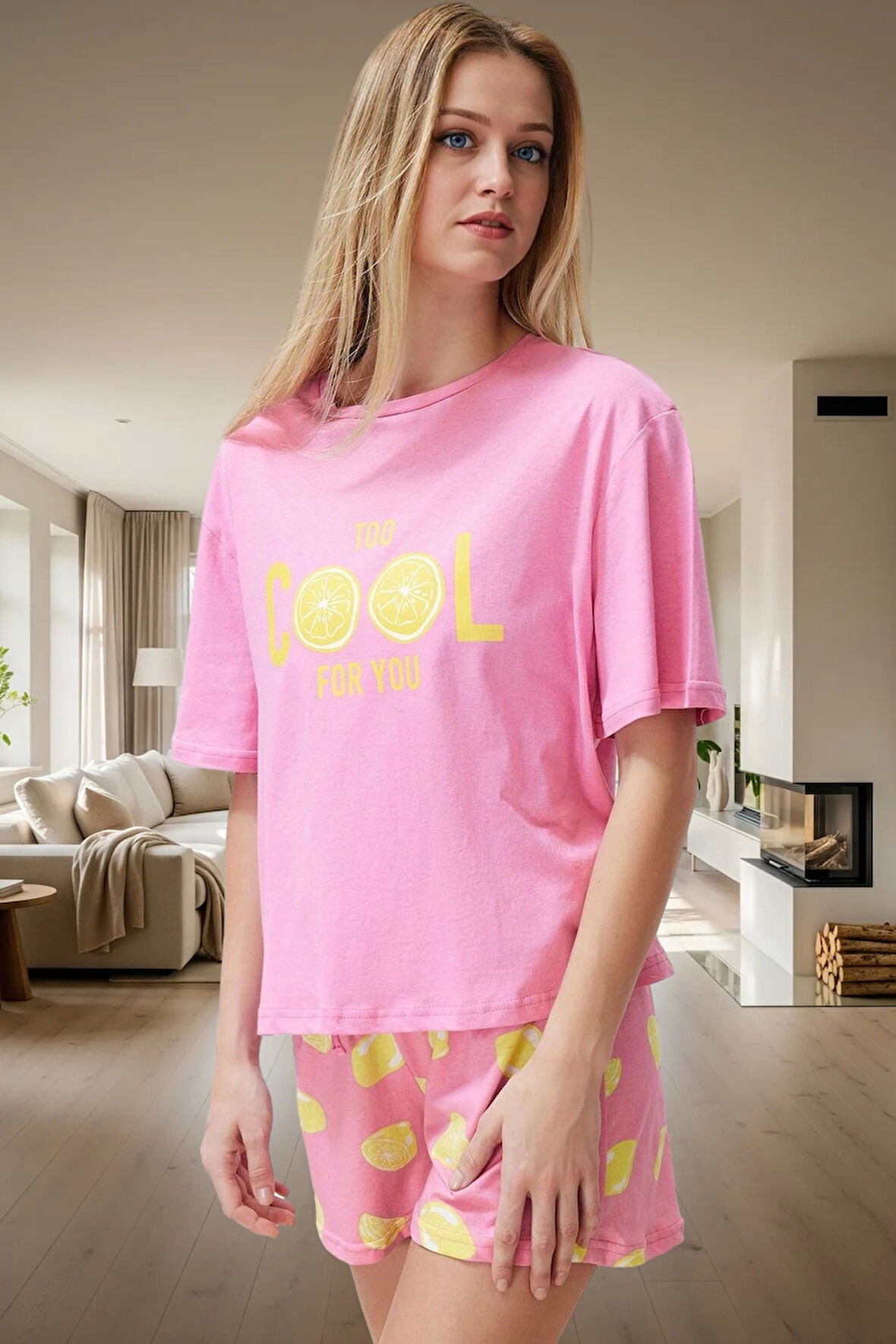 Kadın Pamuklu Kısa Kollu Pijama Takımı Limon Baskılı Yazlık Rahat Ve Şık Zarif Tasarım