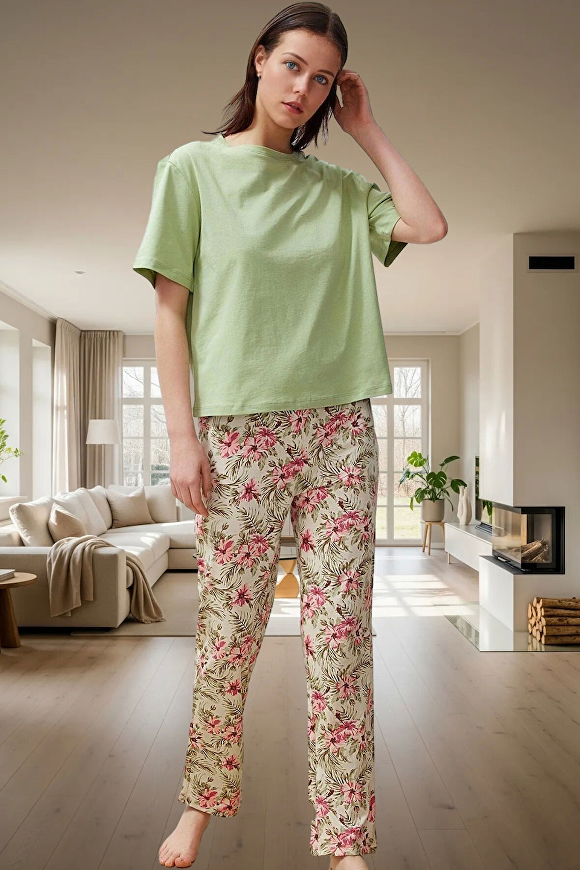 Kadın Kısa Kollu Bisiklet Yaka Pamuklu Pijama Takımı Rahat Ve Şık Dayanıklı Malzeme