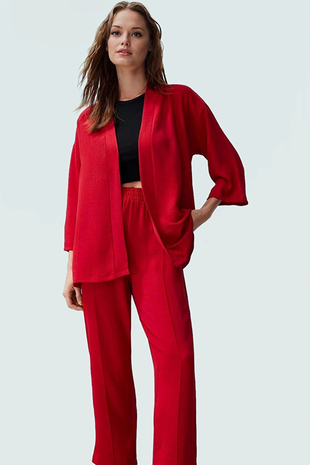 Kadın Dokuma Kimono Pantolon Takım Rahat Günlük Stil Zarifane Tasarım Şık Görünüm