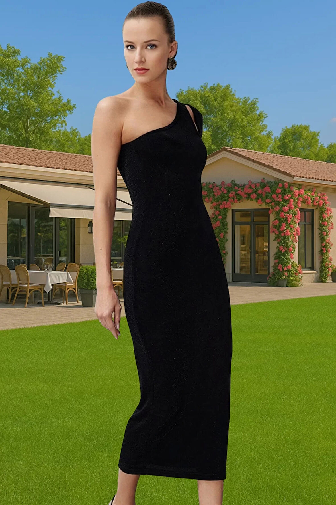Asimetrik Yaka Maxi Örme Elbise Poliamid Karışımlı Yazlık Modern Stil Özel Tasarım Mükemmel Uyum