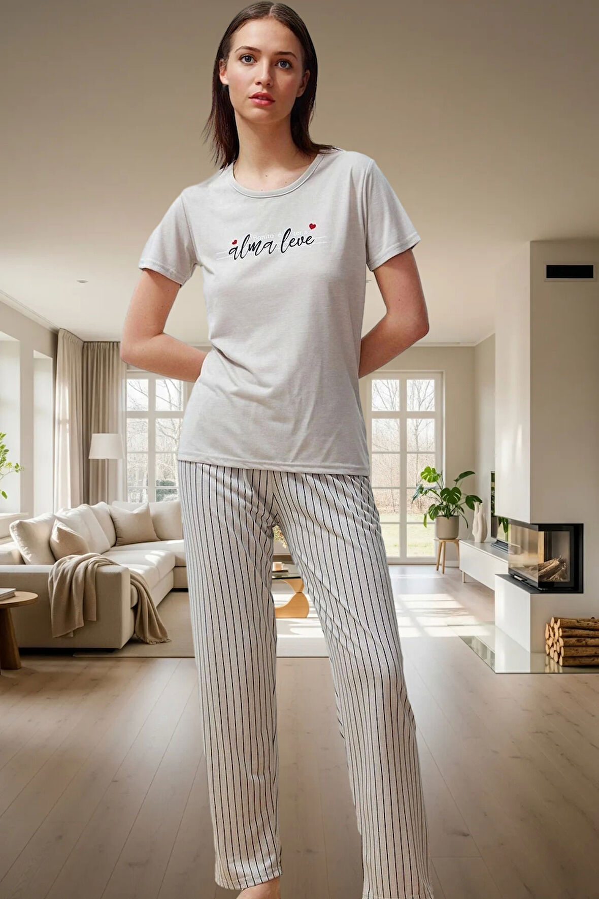 Kadın Çizgili Pijama Takımı Rahat Örme Kumaş Modern Stil Premium Kalite Trend Tasarım