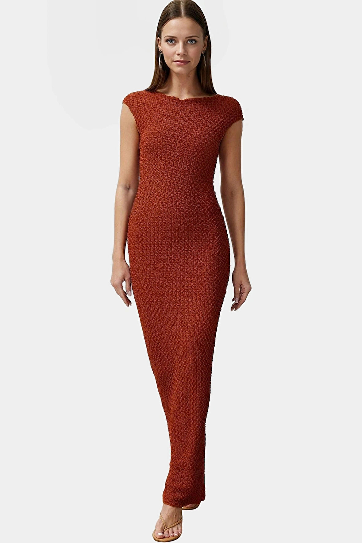 Şık Yazlık Örme Midi Elbise Bodycon Kalıp Kayık Yaka Esnek Kumaş Rahat Ve