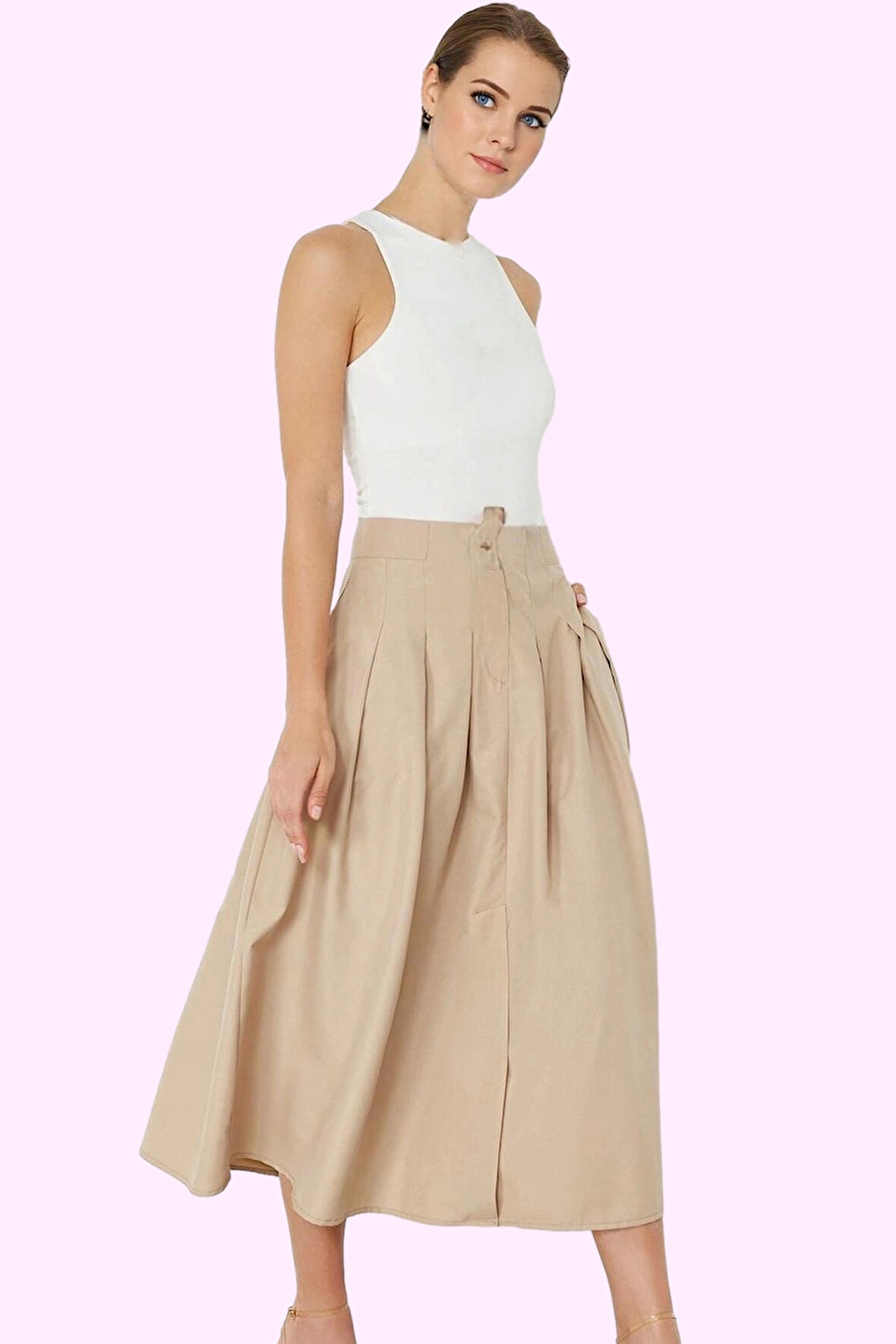 Kadın Midi Boy Pile Detaylı Dokuma Etek A line Kalıp Günlük Şıklık Yaz Aylarının Vazgeçilmezi