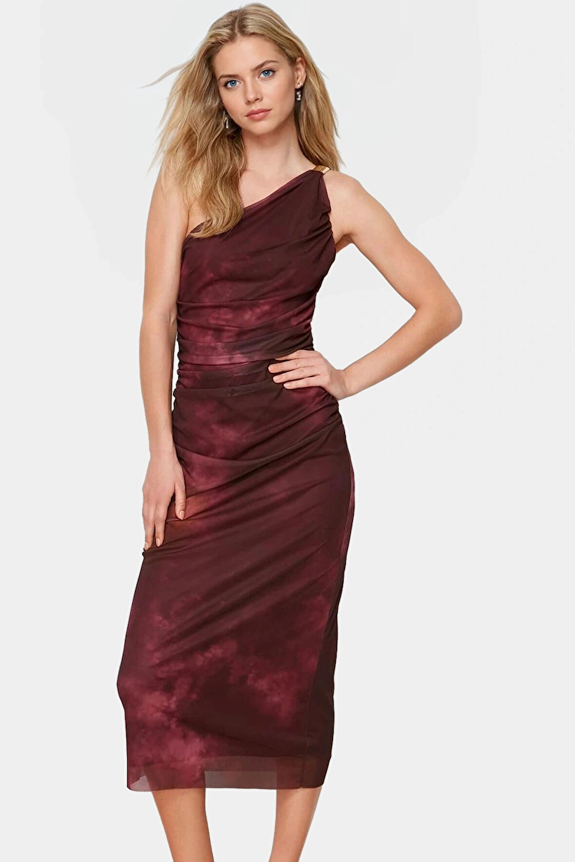 Şık Midi Elbise Tek Omuzlu Örme Tül Kumaş Modern Stil Rahat Ve Özenle Seçilmiş