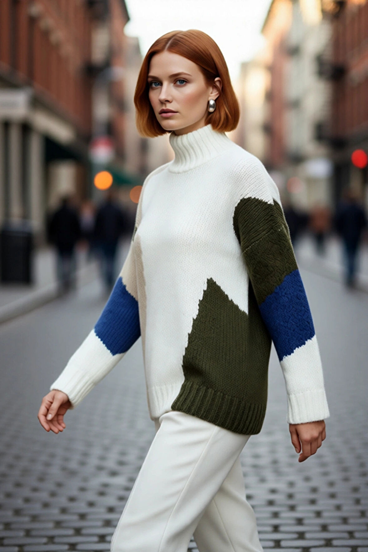 Kadın Oversize Dik Yaka Renk Bloklu Düşük Kol Selanik Dokuma Uzun Triko Kazak Kışlık Kombinlerin