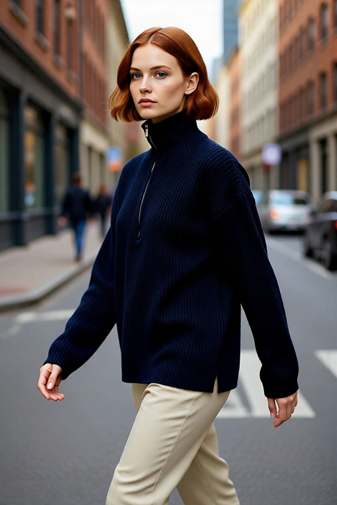 Kadın Dik Yaka Fermuarlı Regular Kalıp Düşük Kol Selanik Örgü Uzun Triko Kazak Soğuk Günler İçin