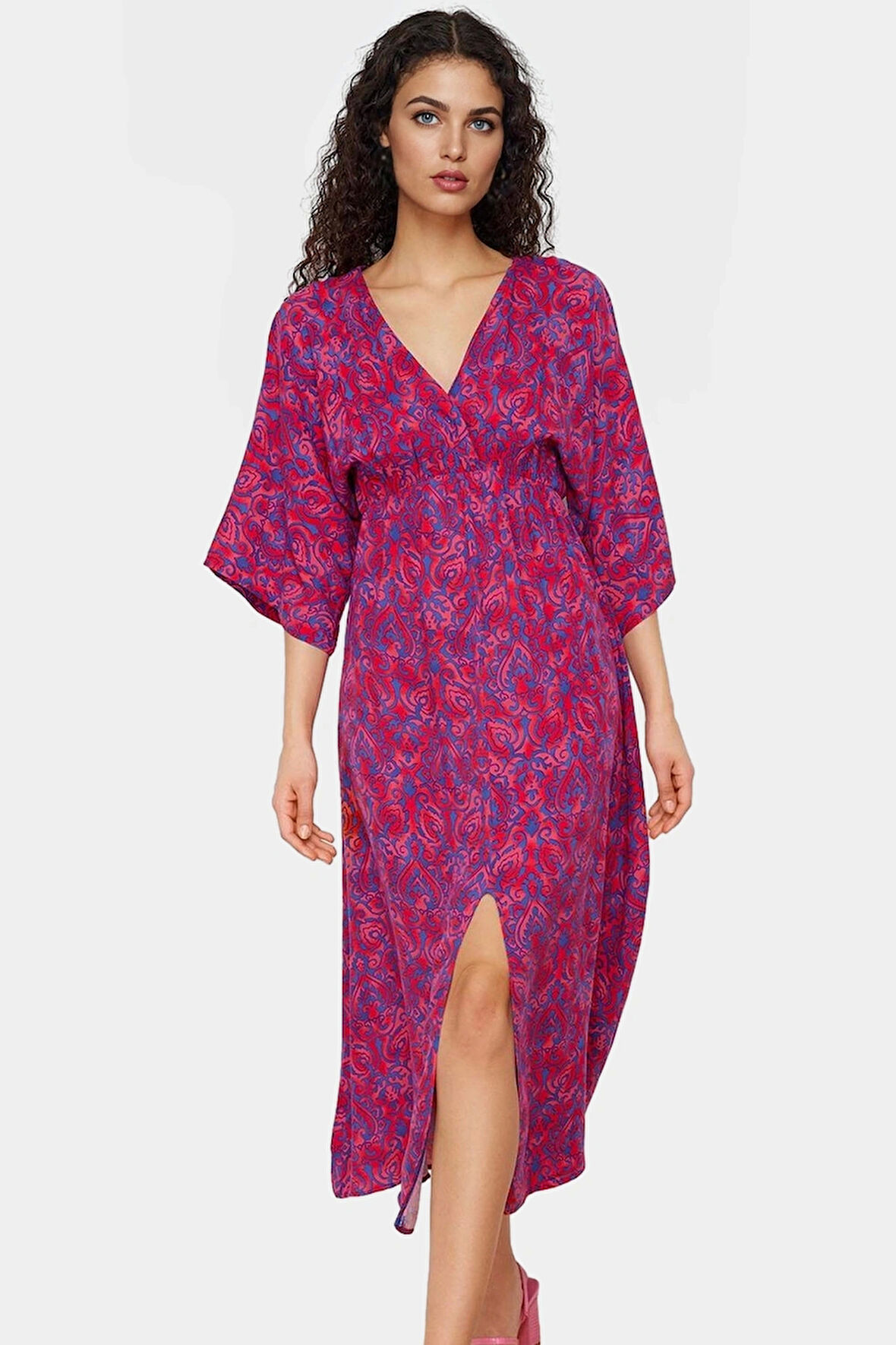 Çok Etnik Desenli Midi Viskoz Elbise A Kesim Truvakar Kol Yazlık Seçkin Malzeme