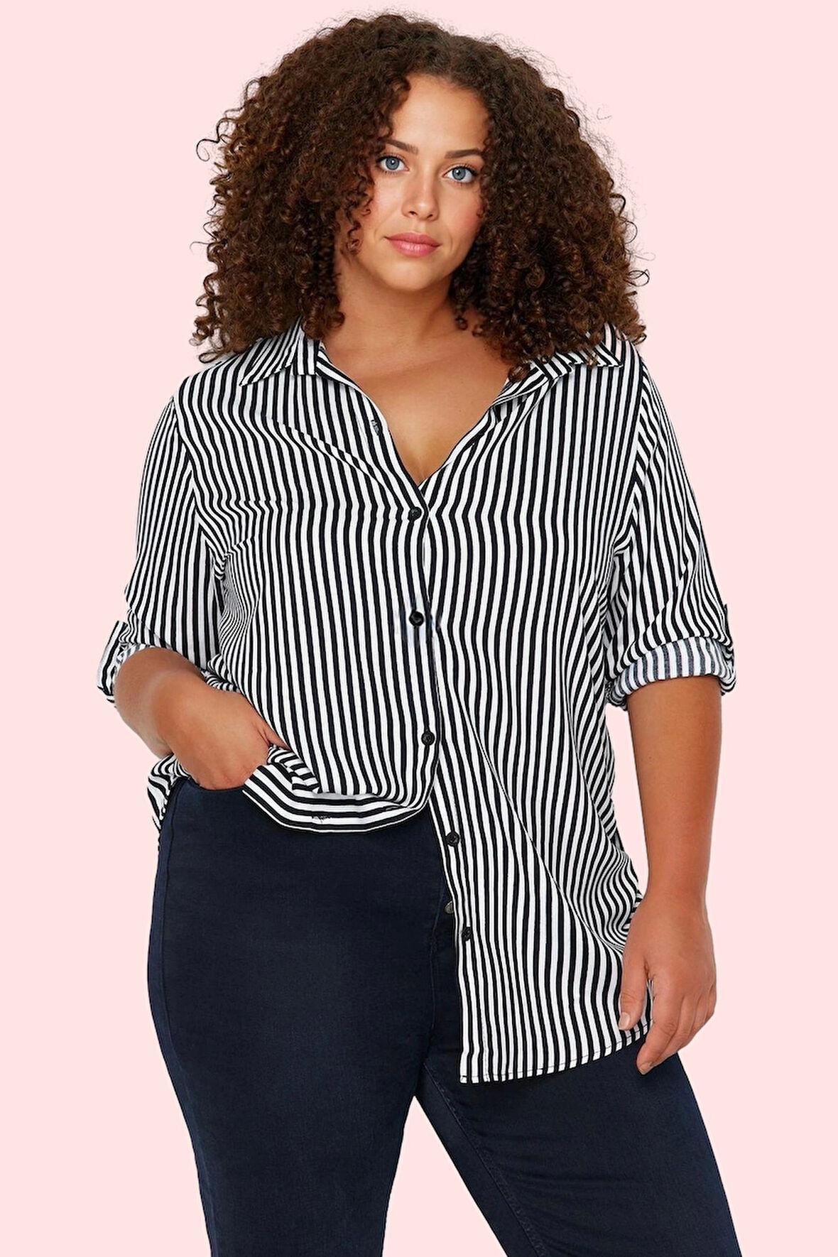 Kadın Oversize Çizgili Gömlek Uzun Kollu Dokuma Kumaş Günlük Kullanım Yaz Aylarının Vazgeçilmezi