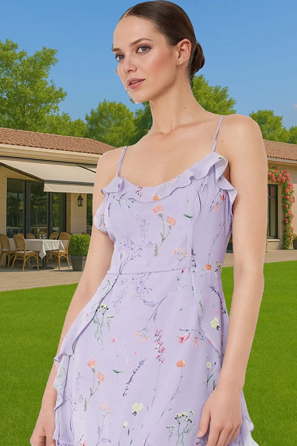 A Kesim Şifon Elbise Çiçekli Desenli Mini Boy Polyester Yazlık Seçkin Malzeme Mükemmel Uyum