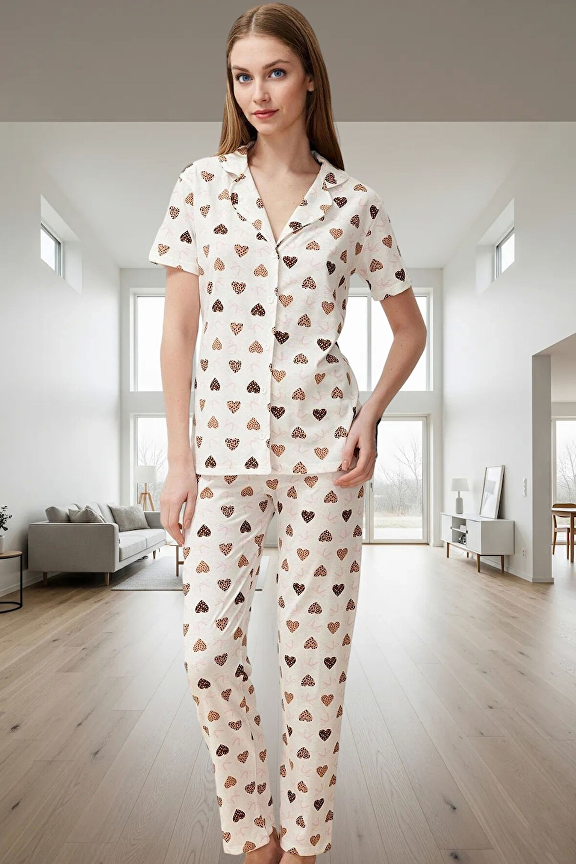 Kadın Pamuklu Polyester Kalpli Pijama Takımı Rahat Ev Giysisi Premium Kalite Şık Görünüm