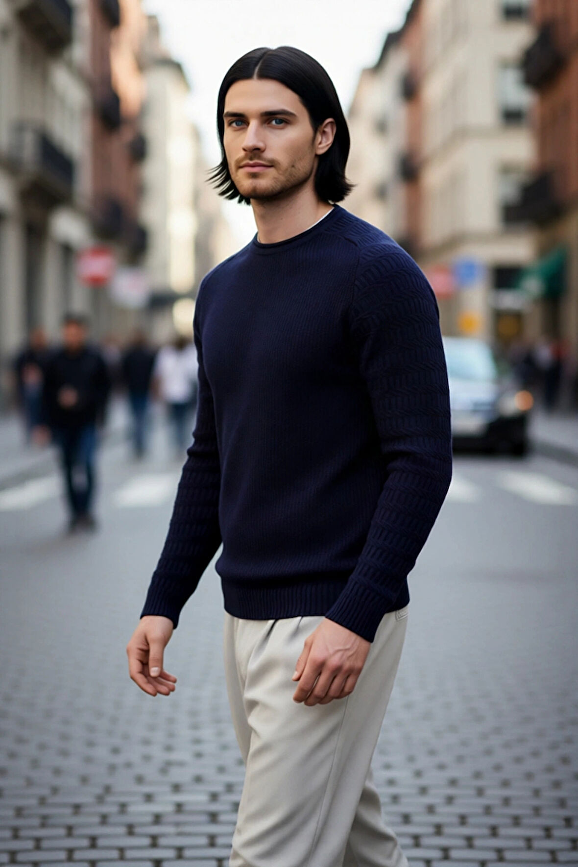 Erkek Fitted Kesim Dokulu Triko Bisiklet Yaka Uzun Kollu Basic Akrilik Kazak Kış Sezonu İçin Şık Ve