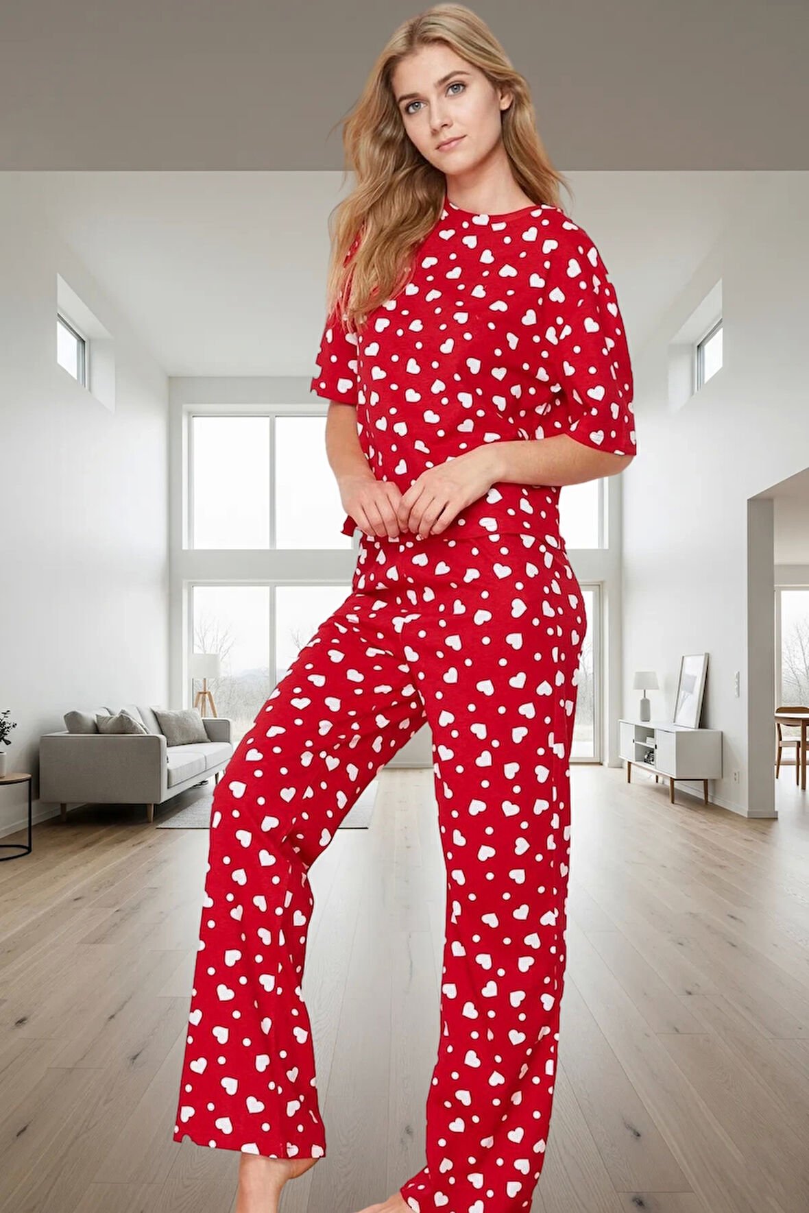 Kadın Kalpli Pamuklu Pijama Takımı Rahat Ev Giyim Seti Seçkin Malzeme Günlük Kullanım İçin