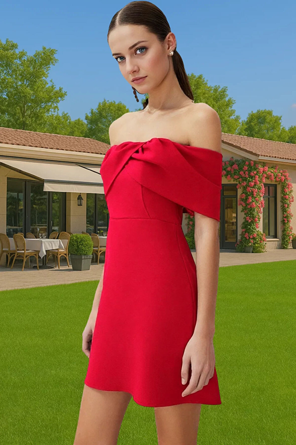Kadın Carmen Yaka Kısa Elbise Dokuma Finike Kumaş Yazlık Mezuniyet Elbisesi Profesyonel Görünüm