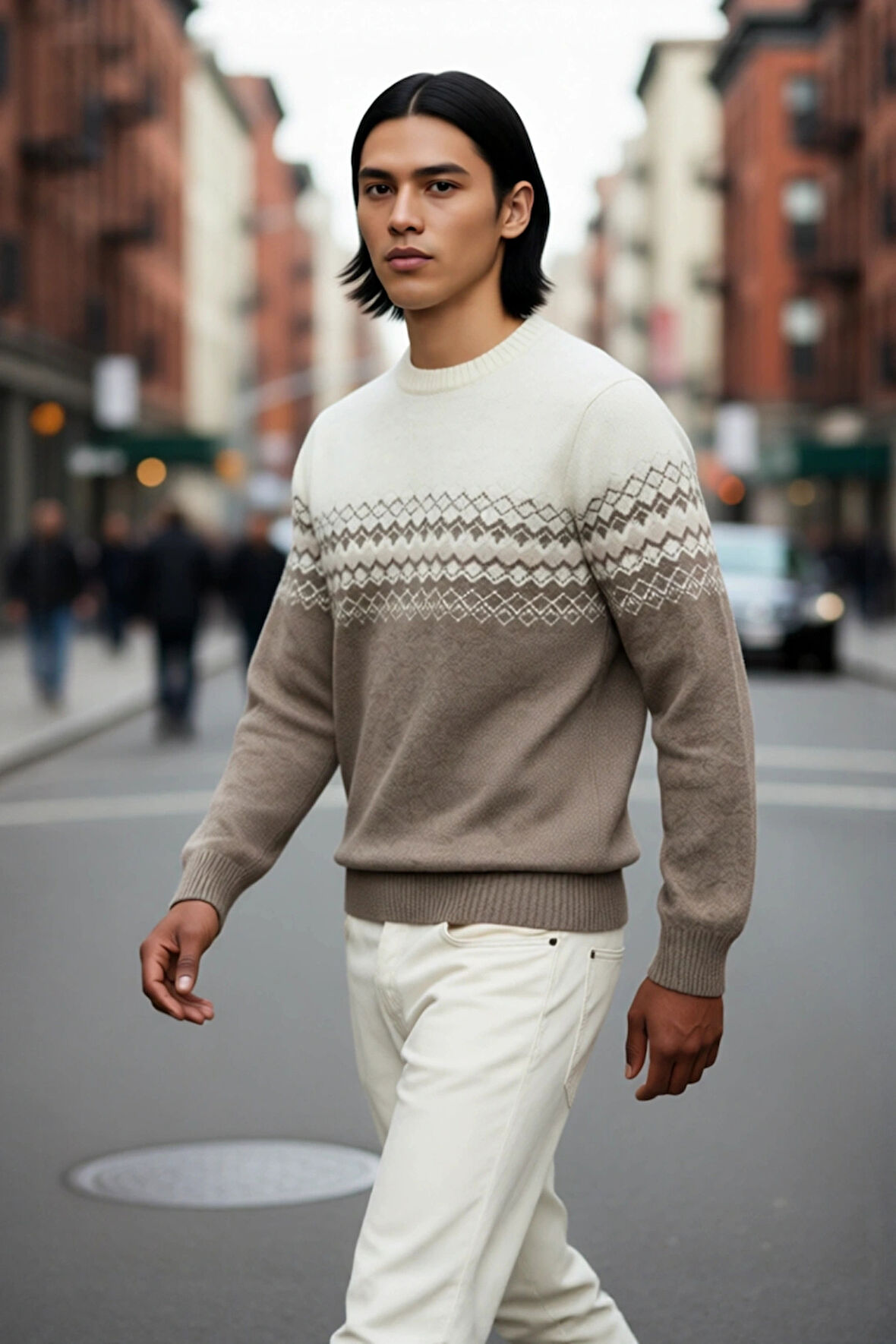 Erkek Fitted Etnik Desenli Bisiklet Yaka Triko Kazak Kış Günleri İçin İdeal Şık ve Konforlu Bir