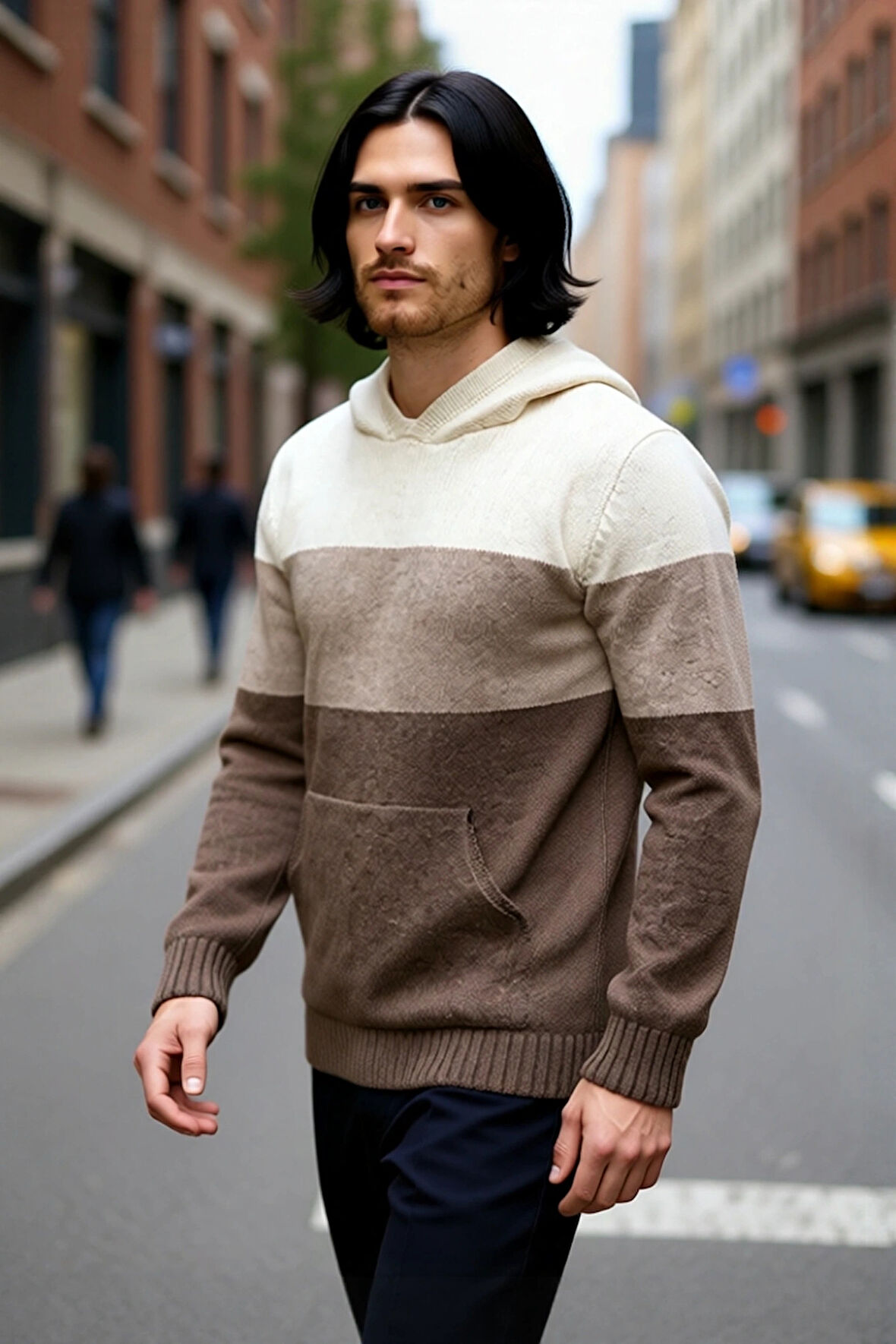 Erkek Kapüşonlu Regular Kalıp Renk Bloklu Kanguru Cepli Uzun Kollu Triko Kazak Günlük Stilinize Özel