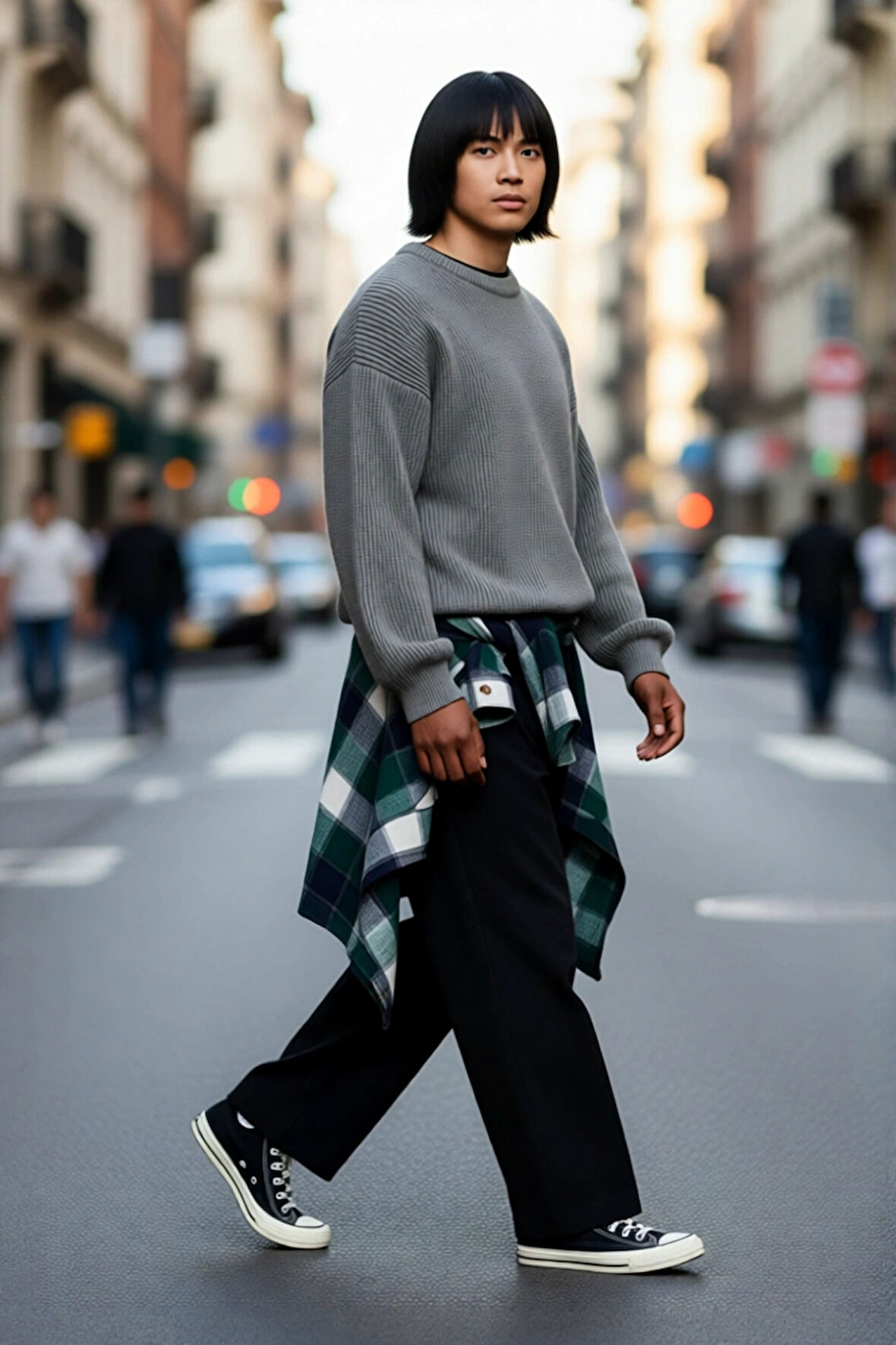 Erkek Gri Oversize Bisiklet Yaka Düz Düşük Kol Akrilik Triko Kazak Casual Tarzlara Özel Rahatlık