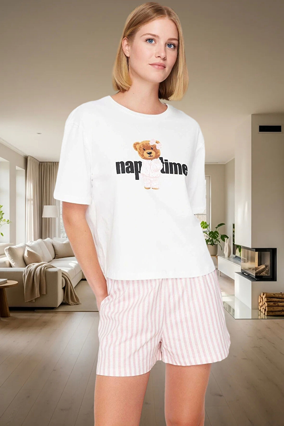 Kadın Yazlık Kısa Kollu Pamuklu Pijama Takımı Regular Kalıp Çizgili Desen Özel Tasarım Mükemmel Uyum