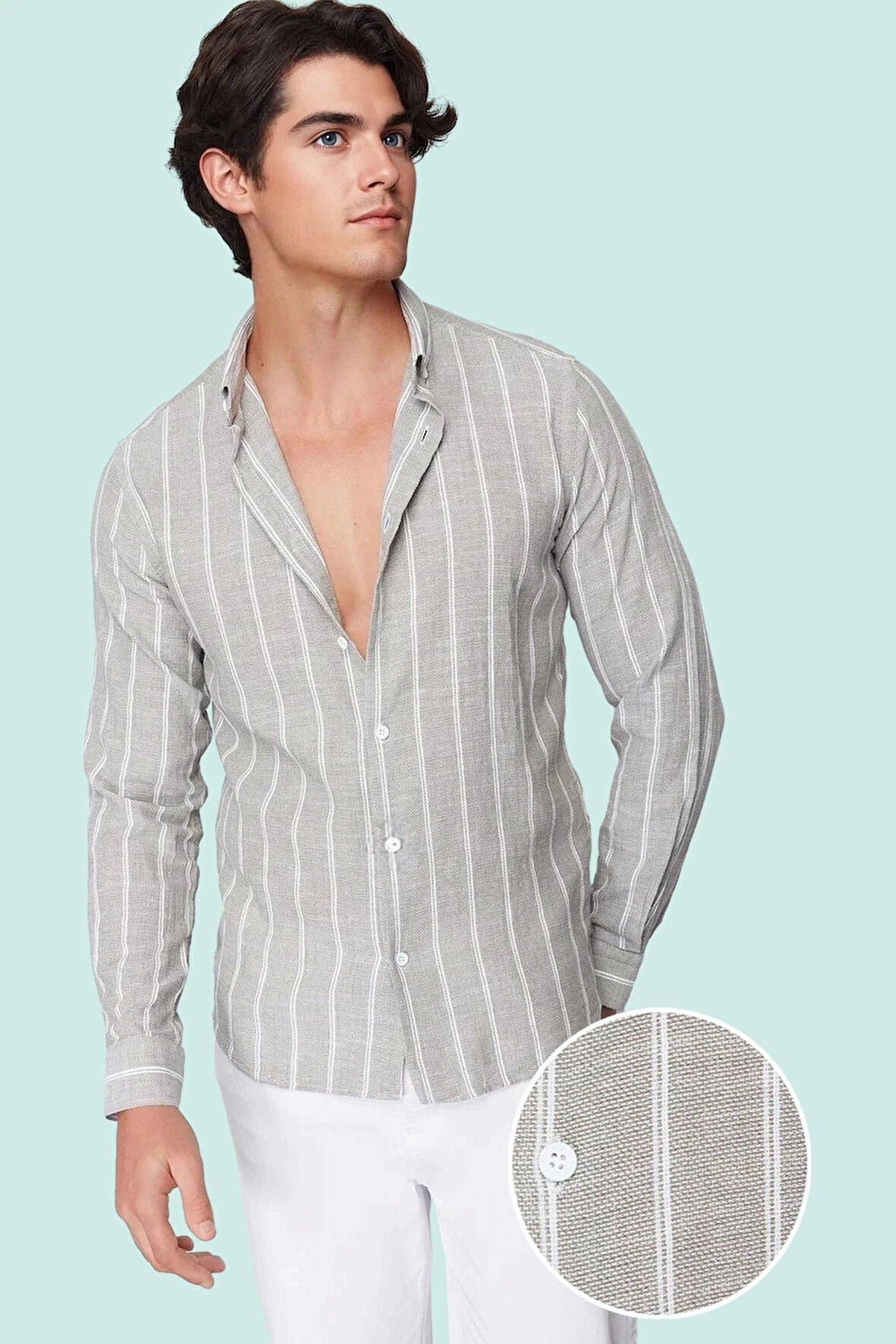 Erkek Slim Fit Çizgili Gömlek Pamuklu İş Ve Günlük Kullanım Hafta Sonu Yaz Aylarının Vazgeçilmezi