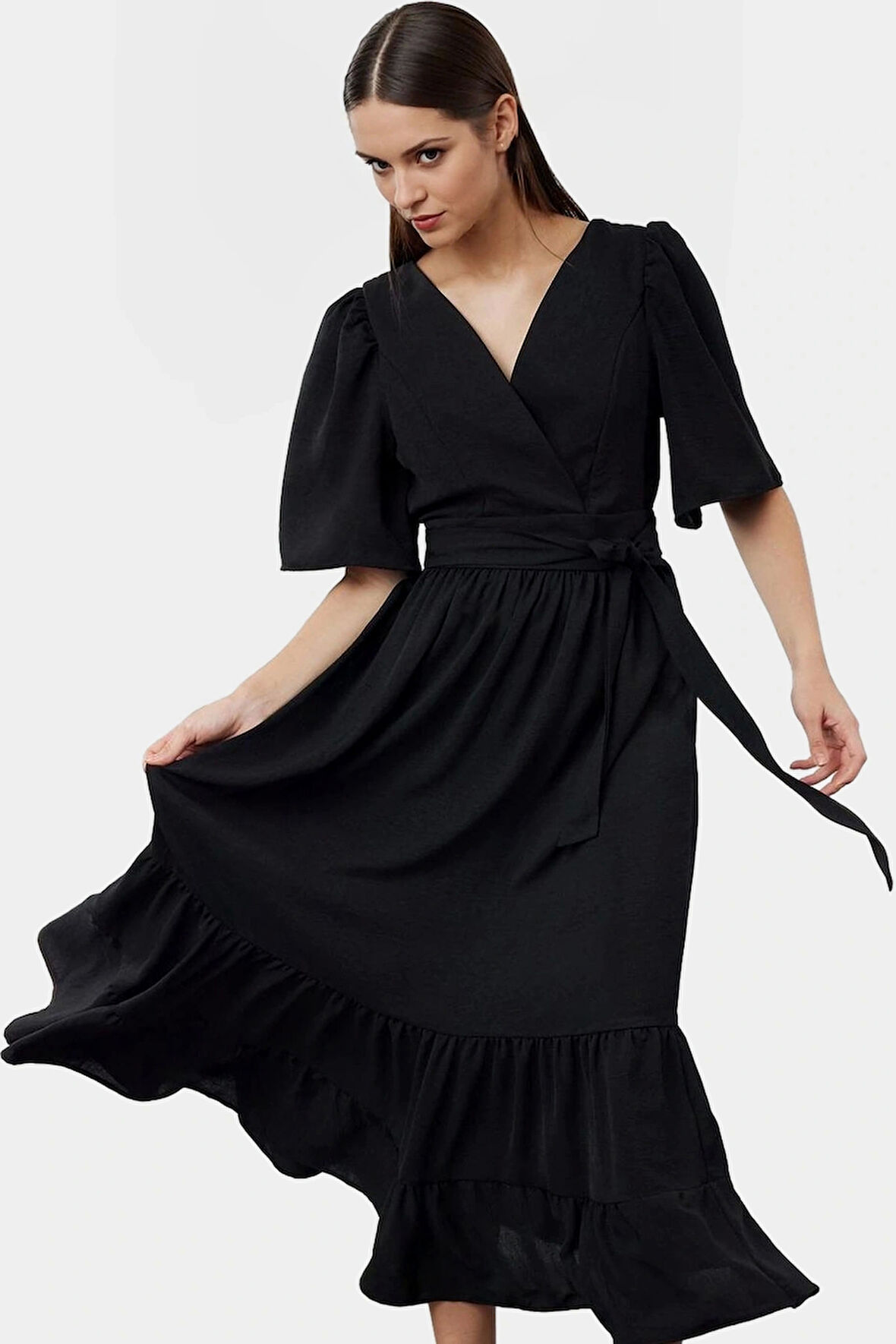 Kadın Midi Boy Aerobin Dokuma Elbise Kuşaklı V Yaka Tasarım Kaliteli İşçilik