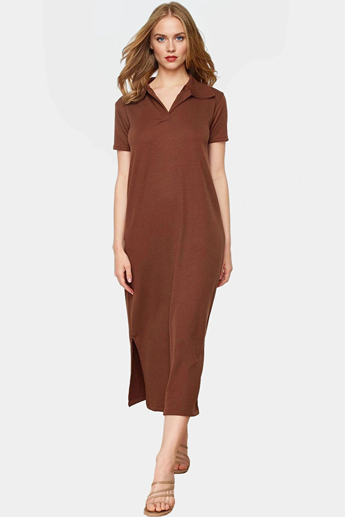 Kadın Midi Boy Örme Elbise Polo Yaka Günlük Şık Tasarım Rahat Kullanım Dayanıklı Malzeme