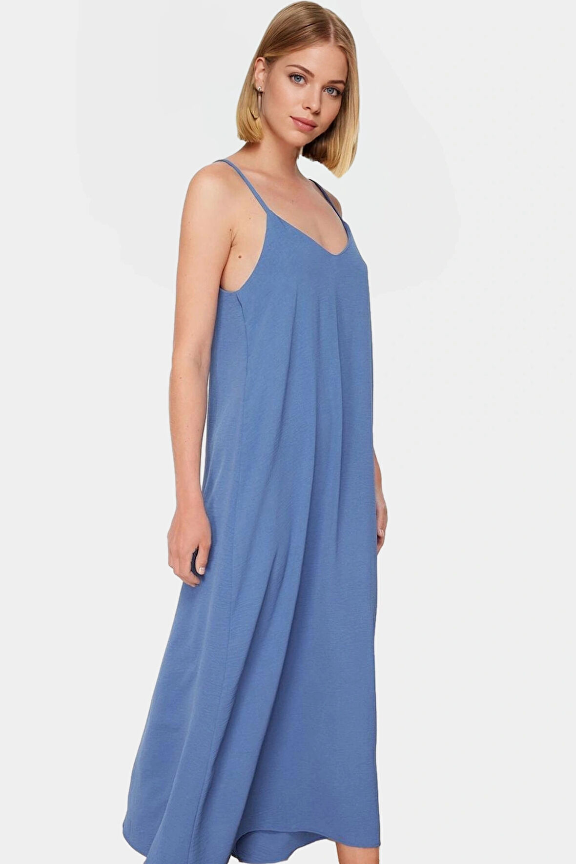 Maxi Dokuma Elbise V Yaka Shift Kalıp Polyester Yazlık Rahat Konforlu Kesim Seçkin Malzeme