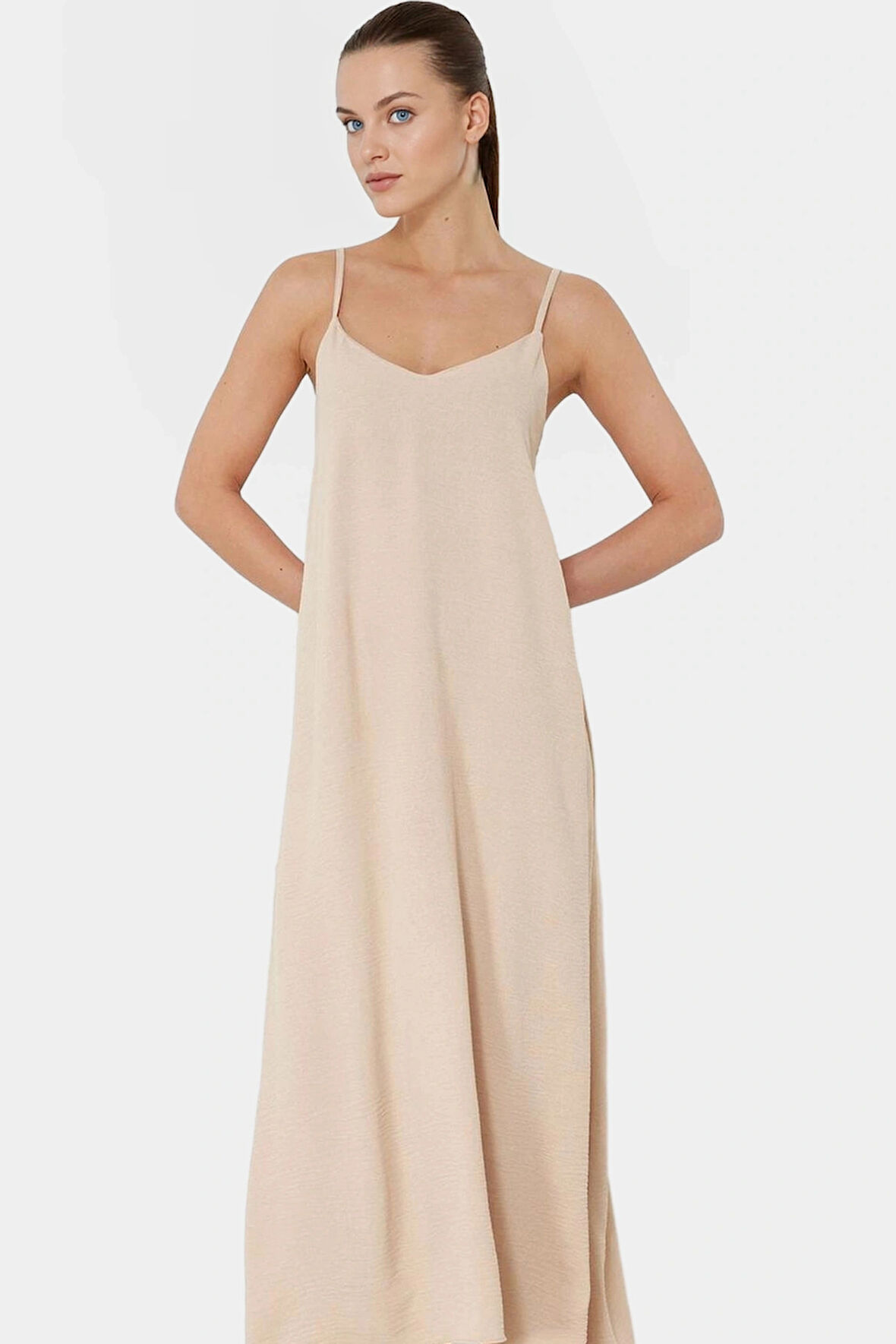 Maxi Dokuma Elbise V Yaka Shift Kalıp Polyester Yazlık Rahat Konforlu Kesim Seçkin Malzeme