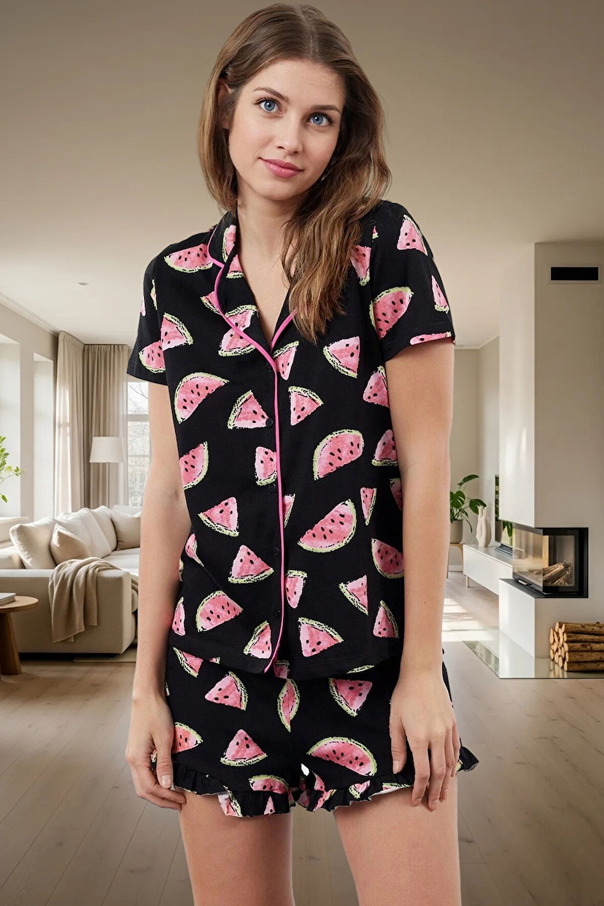 Kadın Karpuz Desenli Pamuklu Kısa Kollu Pijama Takımı Rahat Ev Giyim Seti Dayanıklı Malzeme