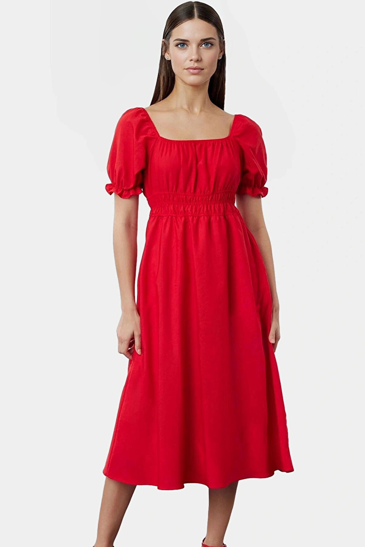 Kadın Yazlık Pamuklu Skater Elbise Kare Yaka Kısa Kollu Rahat Günlük Ve Şık Kaliteli İşçilik