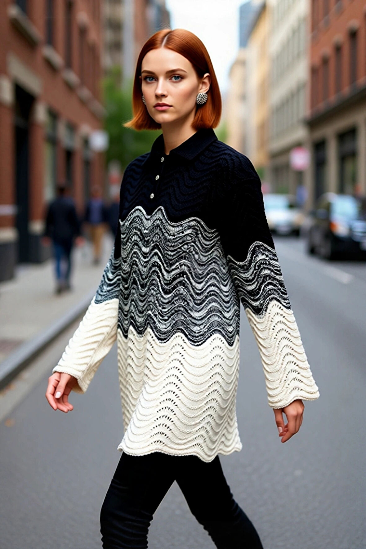 Kadın Renk Bloklu Jakar Dokuma Polo Yaka Uzun Kollu Fitted Triko Kazak Günlük Şıklık Sunar