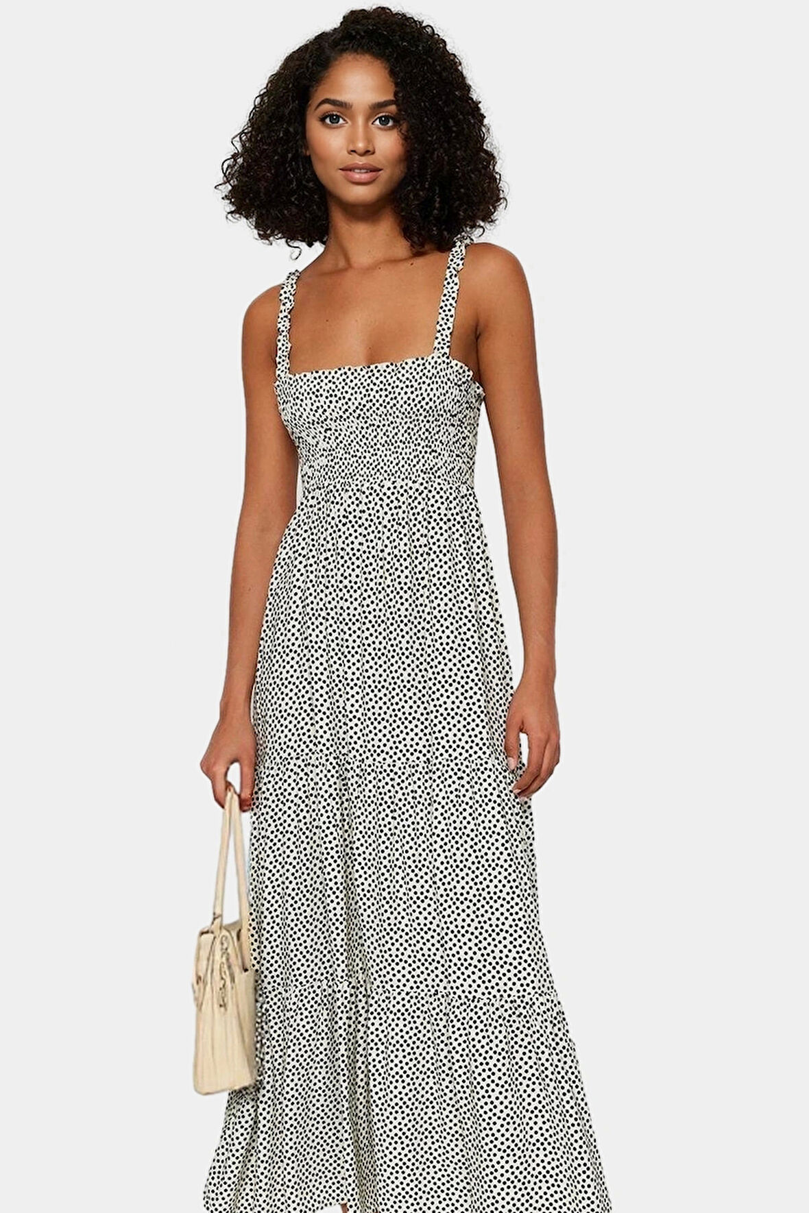 Yazlık Şık Midi Elbise Puantiyeli Desenli Viskoz Kumaş Rahat Kalıp Kullanım Görünüm