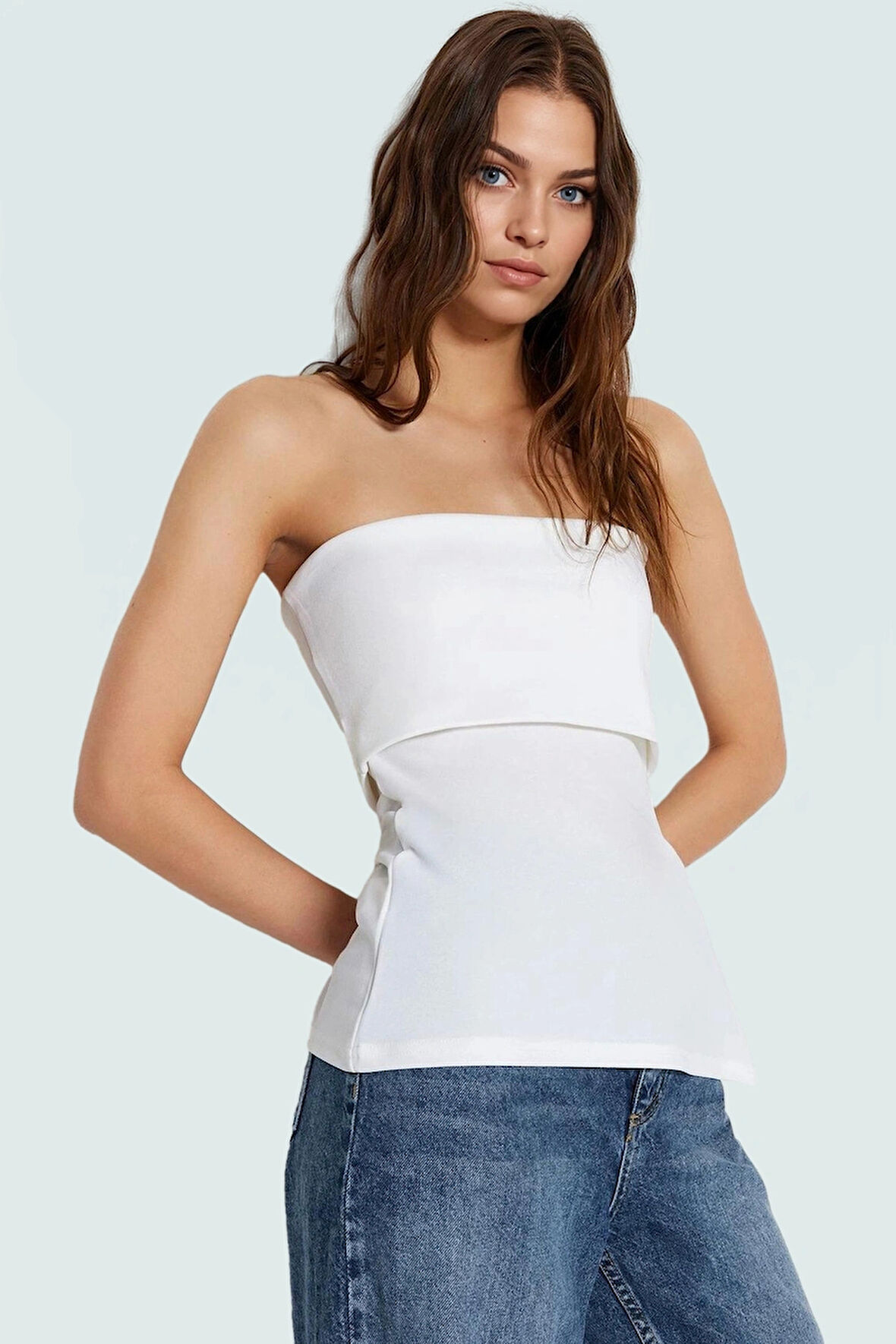 Straplez Yandan Fermuarlı Krep Örme Bluz Modern Stil Trend Tasarım Yüksek Kalite