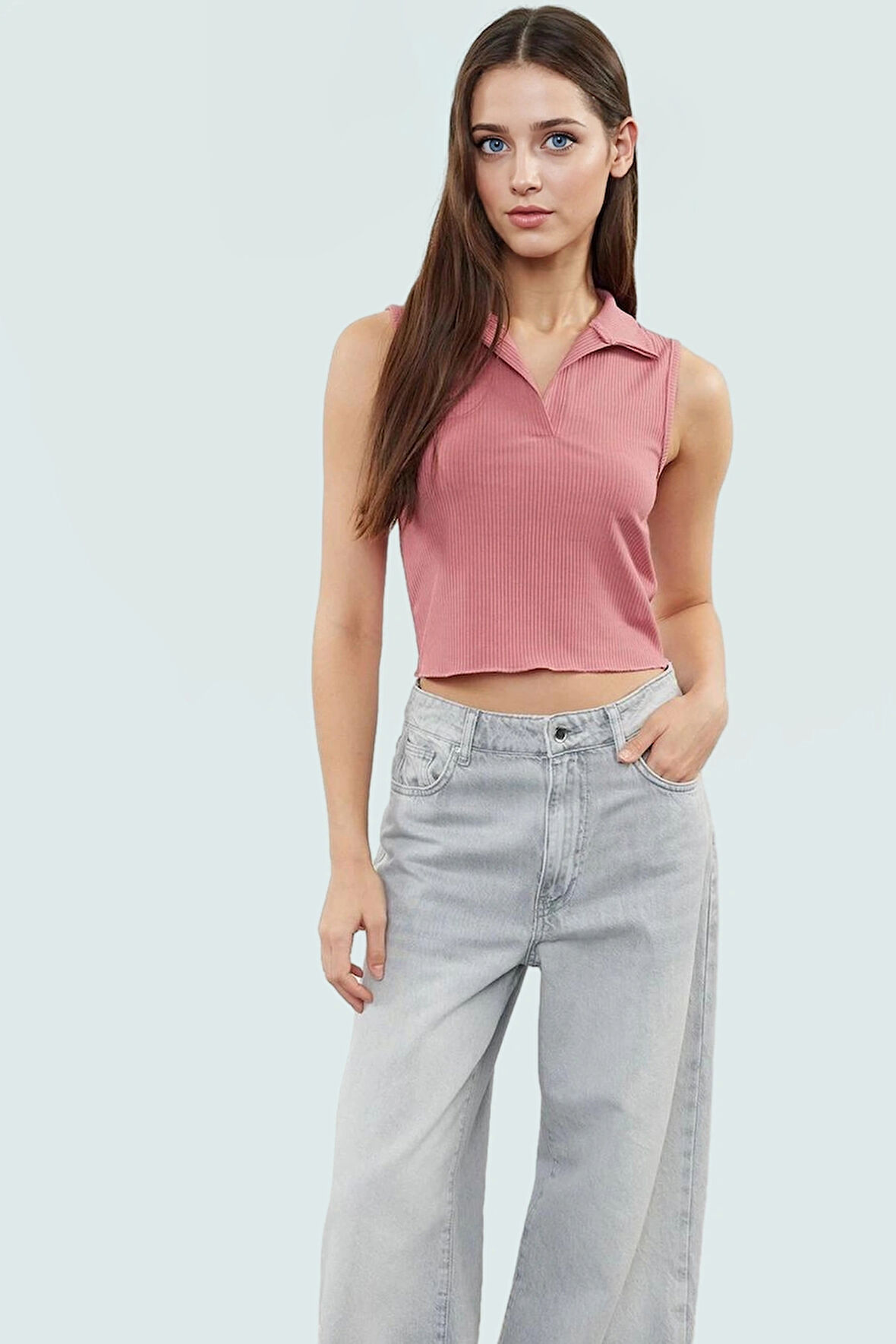 Kadın Polo Yaka Crop Örme Bluz Yazlık Rahat Kombin Trend Tasarım Uzun Ömürlü Kaliteli İşçilik